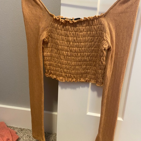 Mustard Smocked Eyelet Long Sleeve Crop Top - Picture 2 of 2